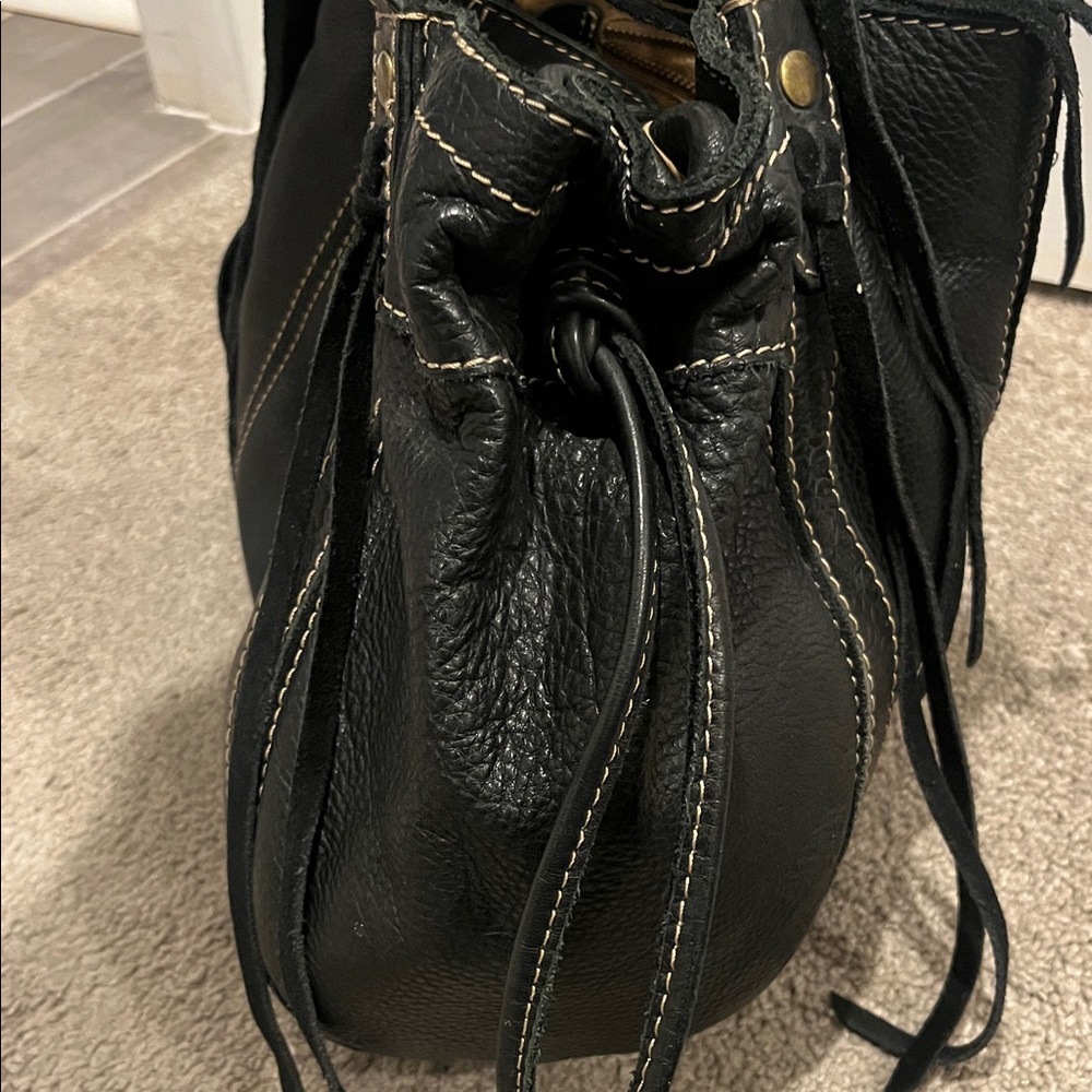Lucky Brand black leather fringe hobo tooled boho bag vintage inspired - Picture 8 of 11